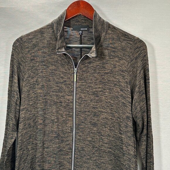 Sun Kim Sweater Womens Small Cardigan Full Zip Brown Black Stretch Pockets Swing - Picture 2 of 8